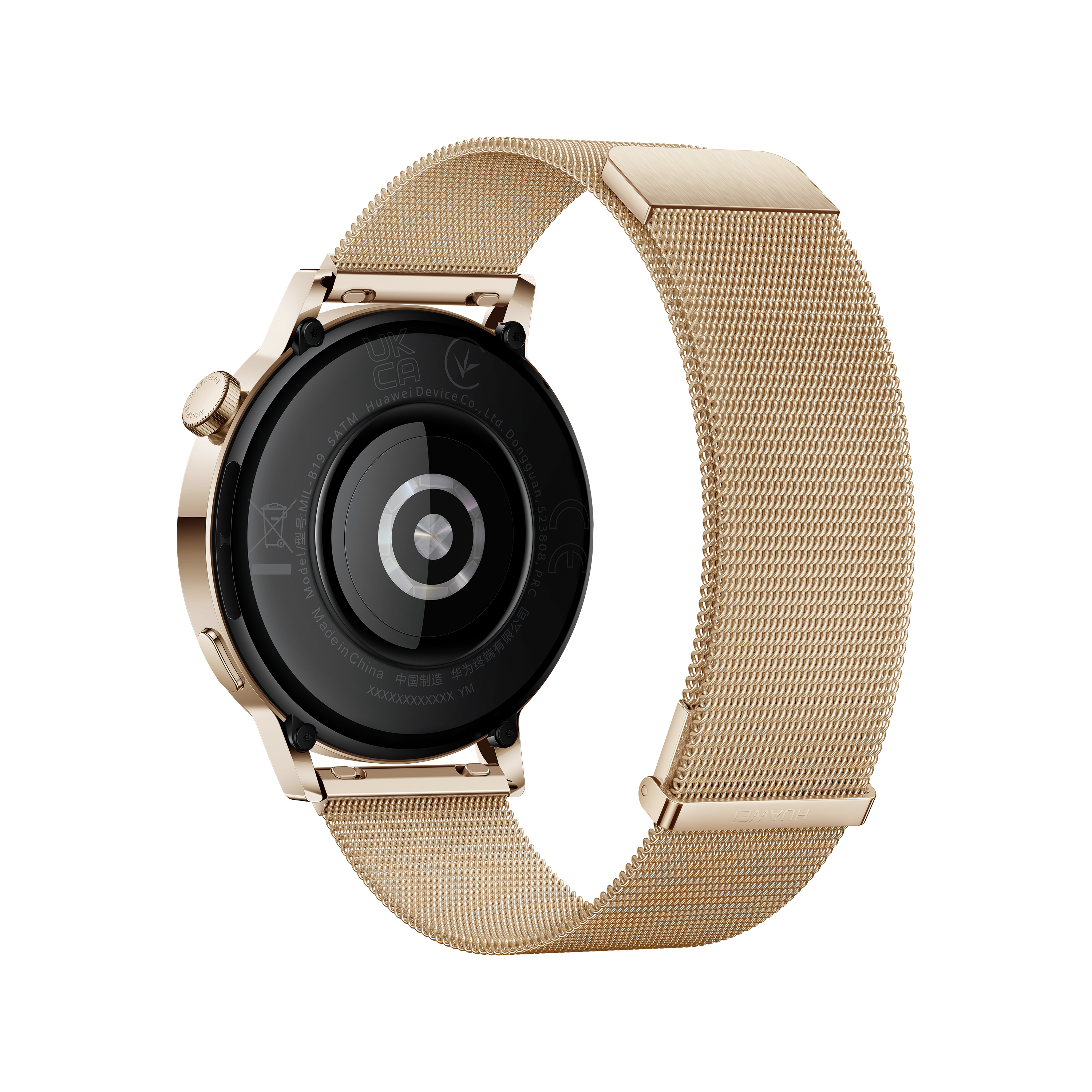 Un reloj inteligente dorado, vista trasera. Tiene un sensor negro y una correa de malla dorada.