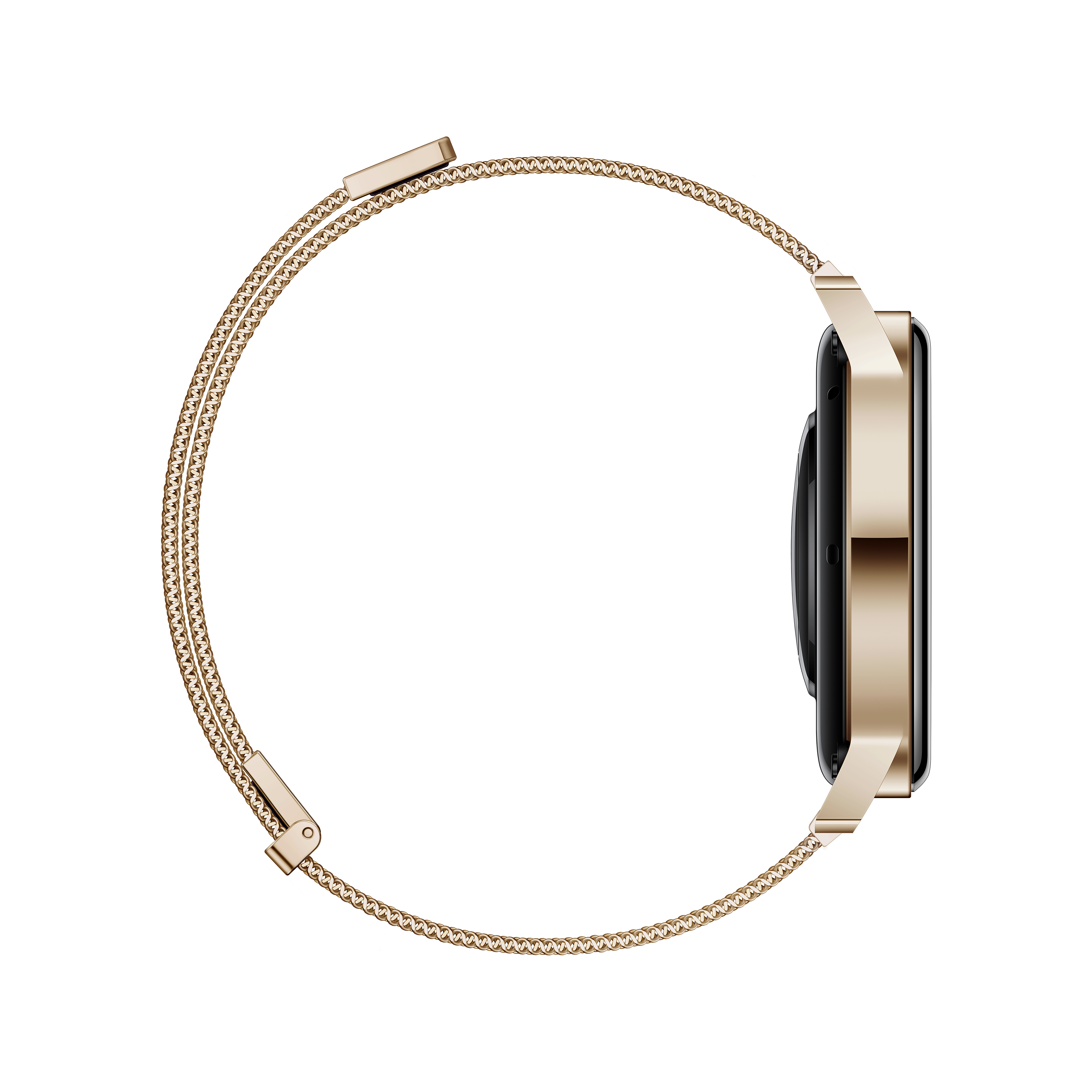 Un reloj inteligente dorado con una correa de malla. Está contra un fondo negro. Es una vista lateral.