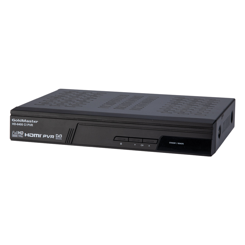 Siyah bir GoldMaster HD-6400 CI PVR set üstü kutusu. Ön panelde düğmeler ve bir ekran var.