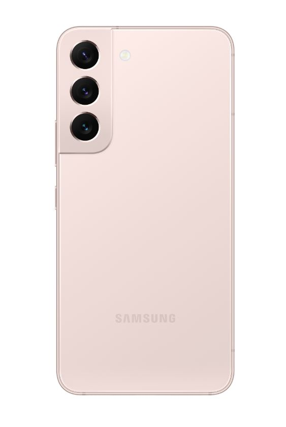 Pembe bir Samsung telefonun arkası, üçlü kamera ve flaş ile.