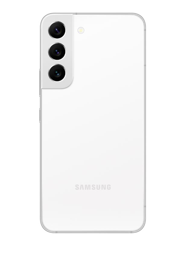 Üç kamerası ve Samsung logosu olan beyaz bir akıllı telefonun arkası.