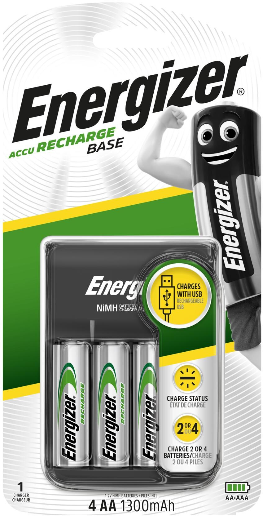 Energizer-Batterieladegerät mit drei AA-Batterien in einer Blisterpackung.