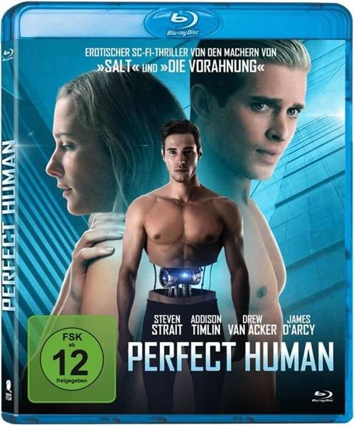 Filmcover: Ein Mann mit Androiden-Körper und zwei Personen dahinter. Der Filmtitel lautet "PERFECT HUMAN".