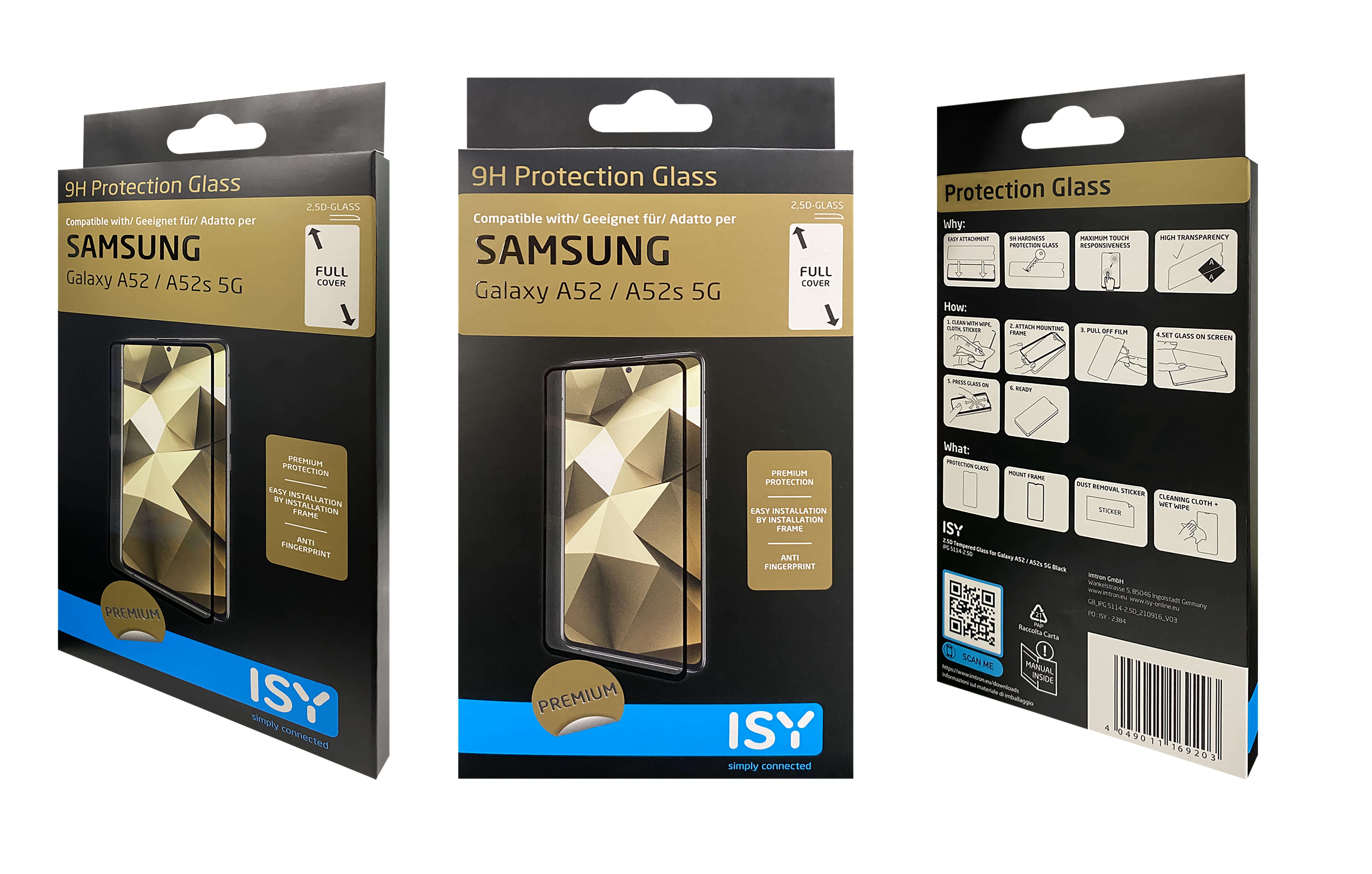 Drei Schachteln für Samsung Galaxy A52/A52s 5G Displayschutzfolien. Sie sind schwarz mit einem Telefonbild und Text.