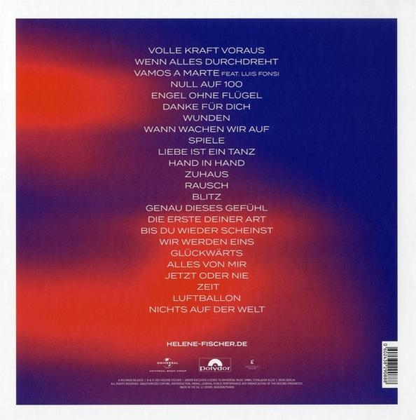 Rückseite eines CD-Covers mit Songtiteln in weißer Schrift. Der Hintergrund ist rot und blau.