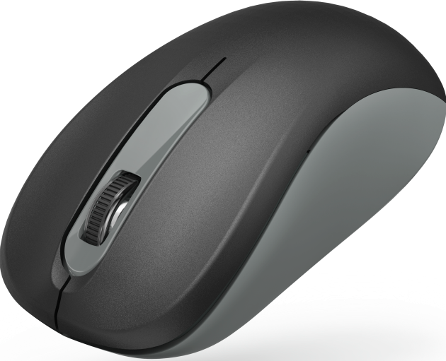 Souris noire et grise avec une molette de défilement. Le fond est noir.
