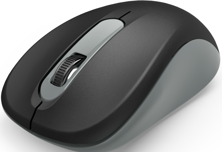 Souris d'ordinateur noire et grise avec molette et deux boutons.