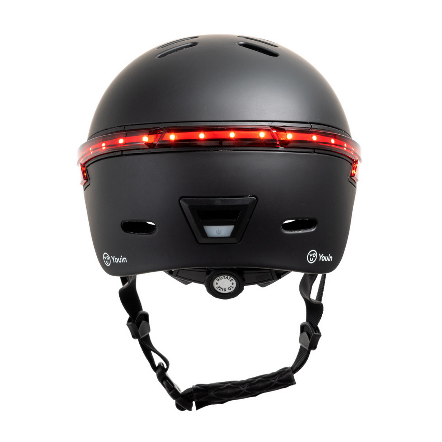 Casco de bicicleta negro con luces rojas en la parte trasera. Tiene detalles de Youin y ajuste de tamaño.