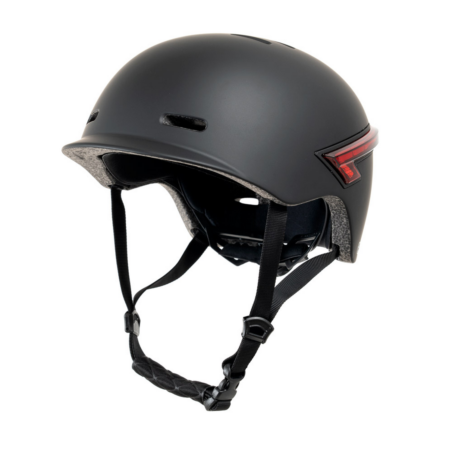 Casco de bicicleta negro con una luz roja en la parte trasera. El fondo es blanco.