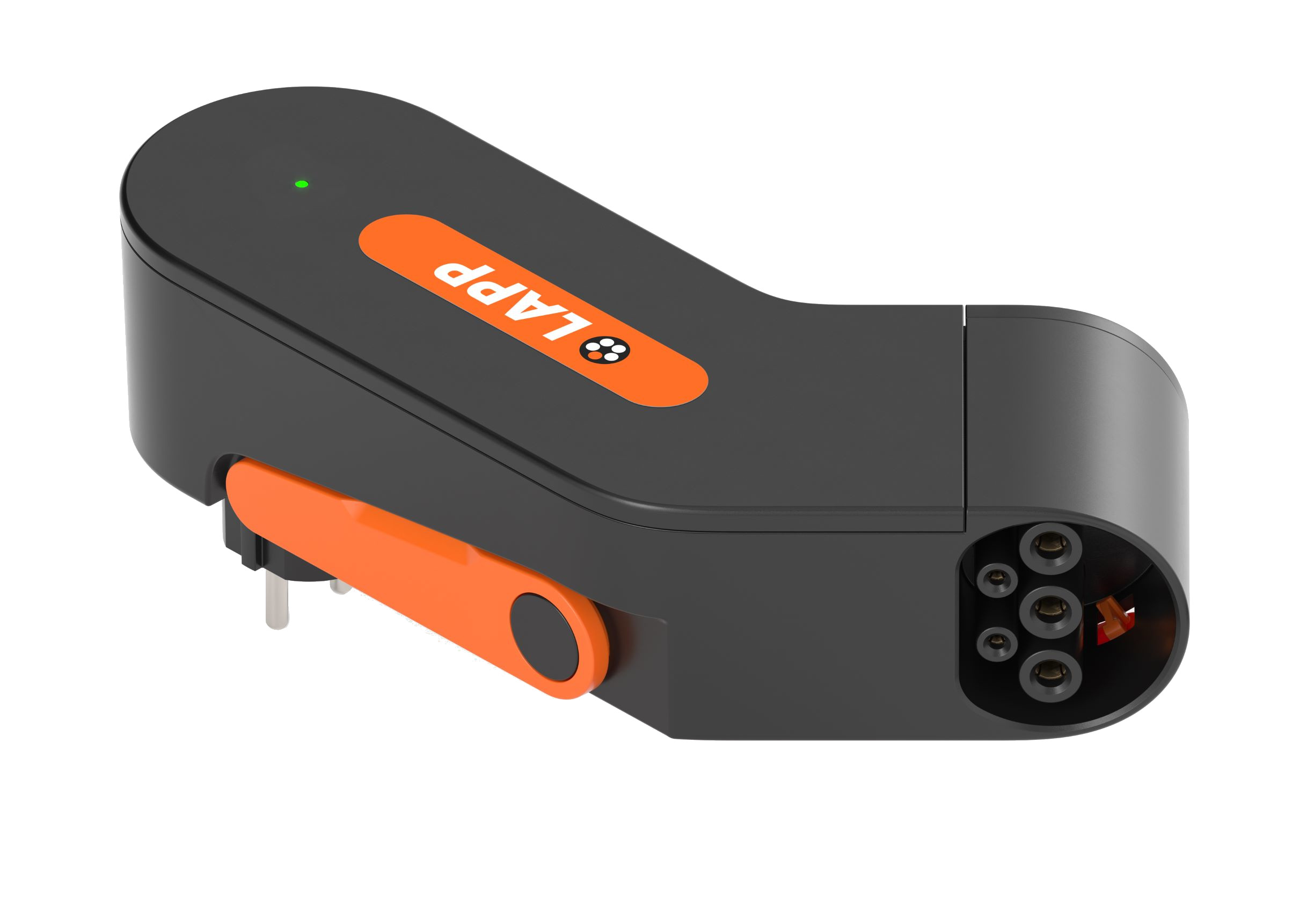 Schwarzes und oranges EV-Ladegerät mit dem LAPP-Logo.