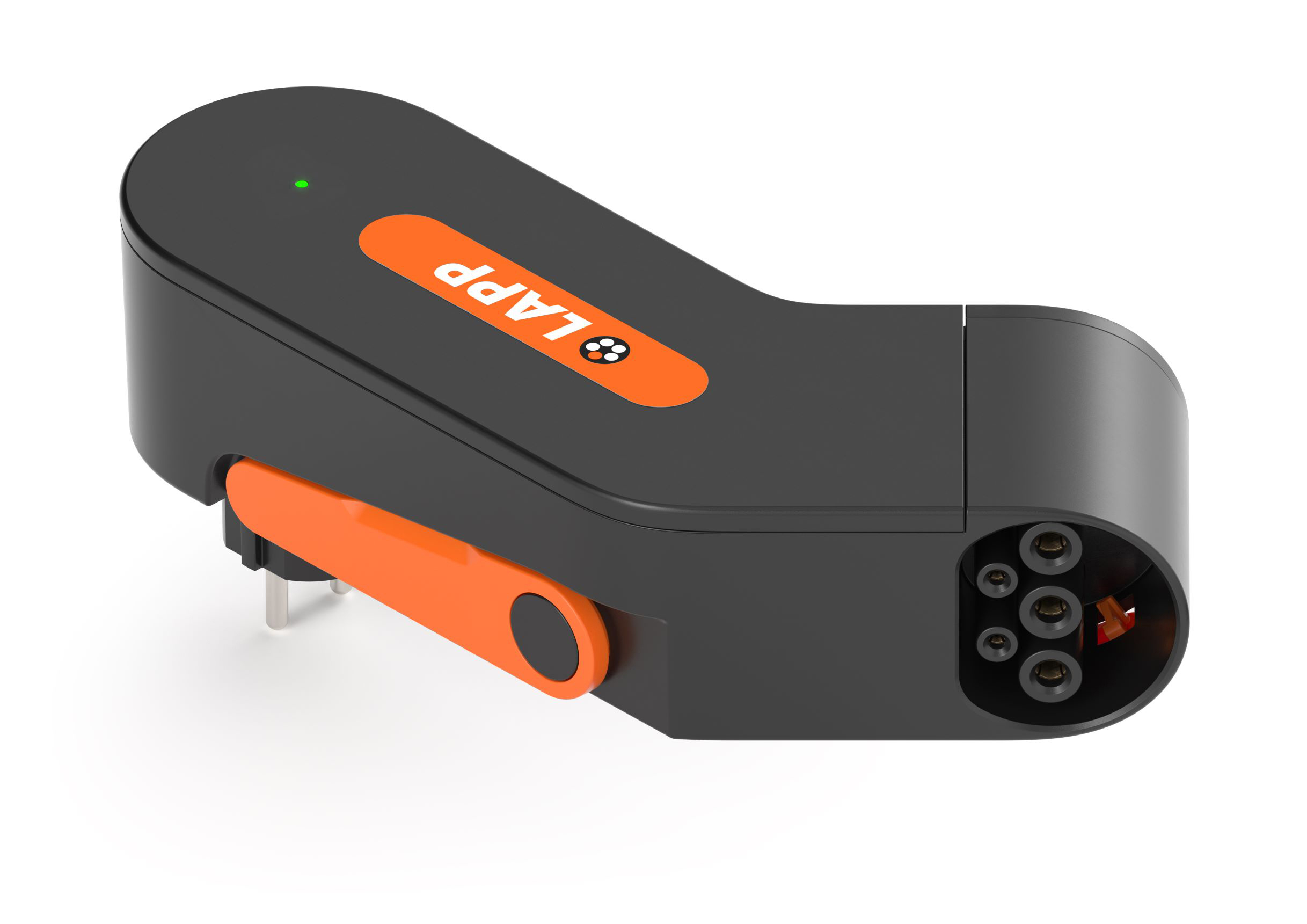 Schwarzes und oranges LAPP-Ladegerät mit abgewinkeltem Design und mehreren Anschlüssen.