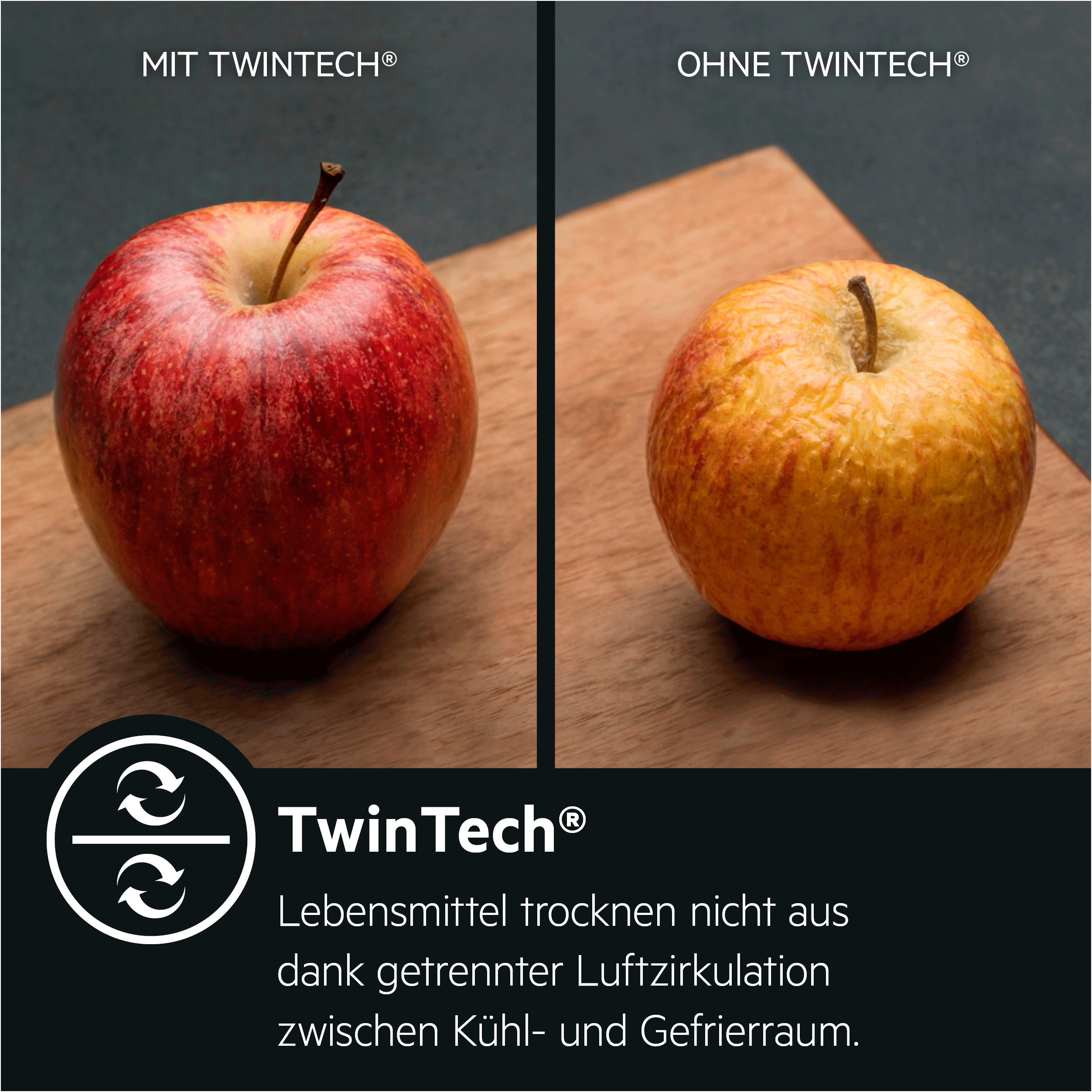 Zwei Äpfel, einer rot und der andere gelb, mit TwinTech-Text, der Lebensmittelkonservierung erklärt.