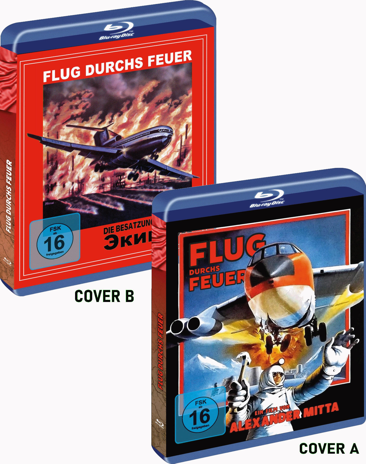 Zwei Blu-ray-Filmhüllen. Eines zeigt ein Flugzeug über Flammen, das andere ein Flugzeug und eine Figur.