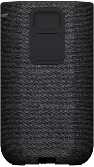 Haut-parleur cylindrique gris foncé avec panneau de commande noir sur le dessus. Le logo Sony est visible.