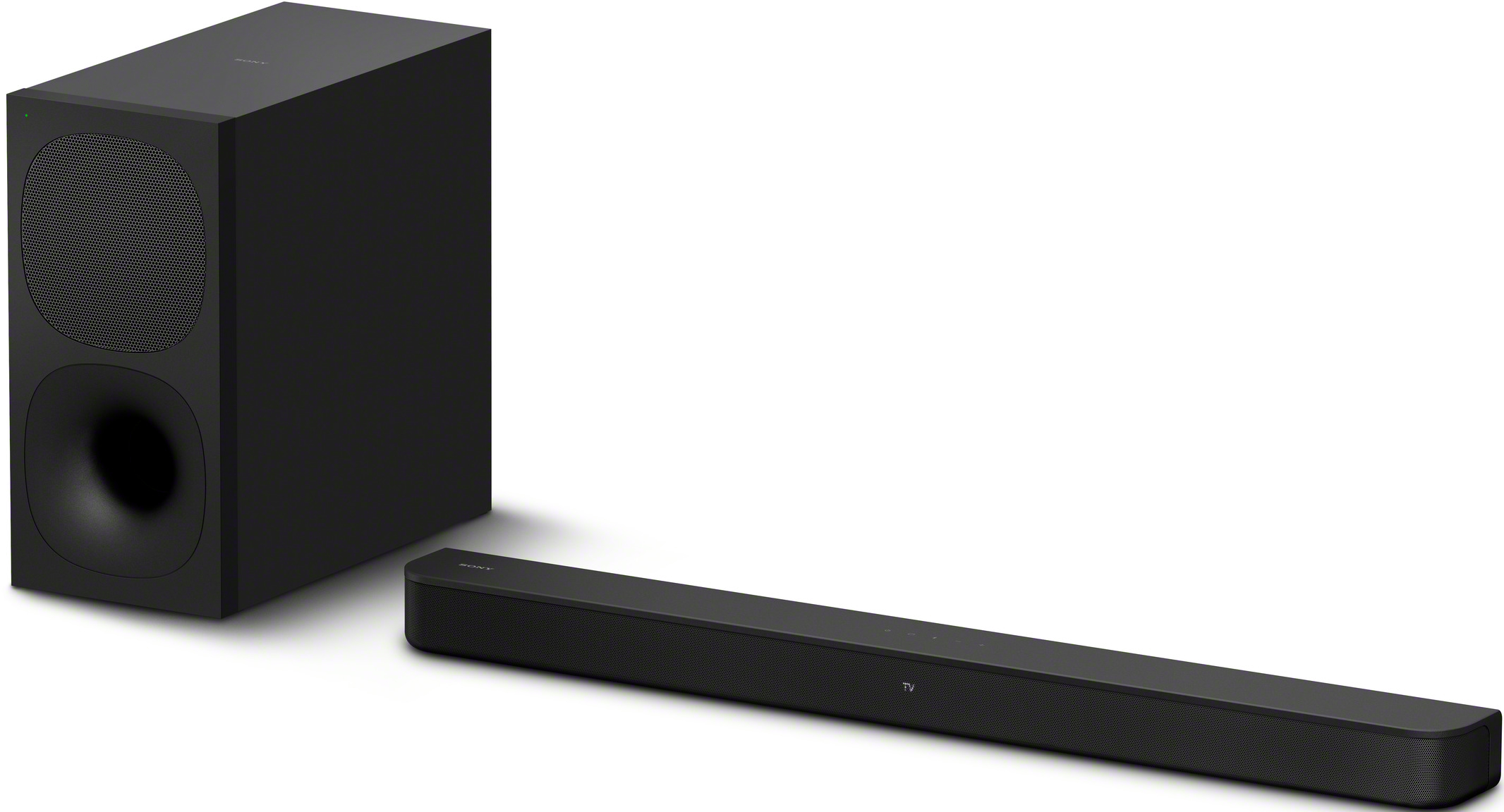 Schwarzes Soundbar- und Subwoofer-Set. Soundbar ist lang, schwarz und rechteckig. Weißer Hintergrund.