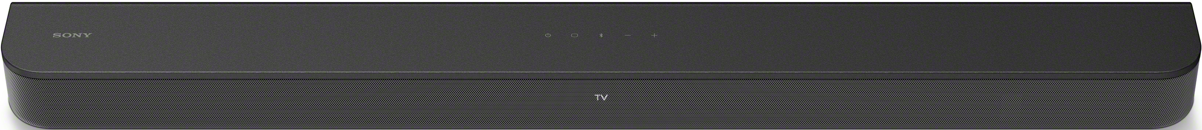 Eine schwarze Soundbar mit dem Wort SONY. Es hat Knöpfe in der Mitte und das Wort TV darunter.