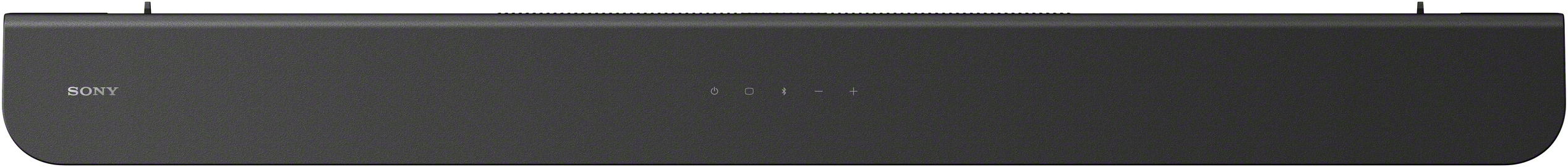 Schwarze Soundbar mit Sony-Logo links. Hat Tasten auf der Oberseite.