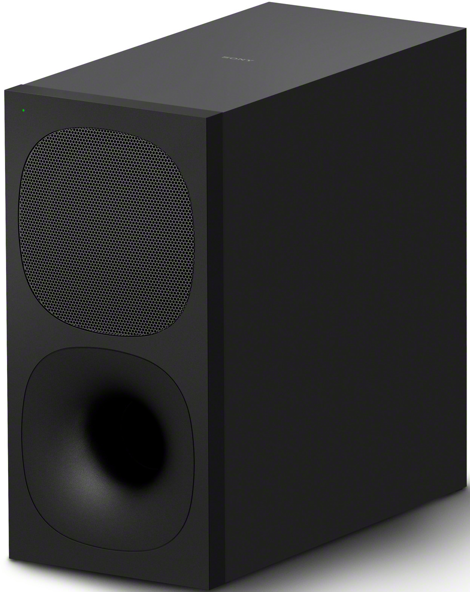 Ein schwarzer rechteckiger Subwoofer mit Lautsprechergrill und Anschluss.