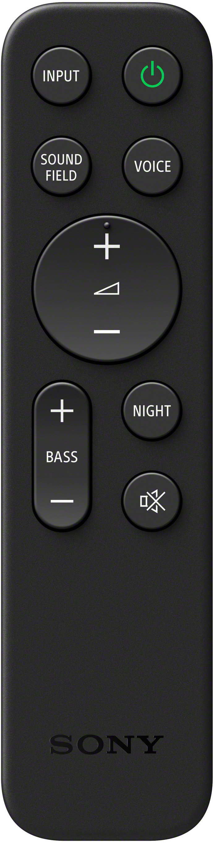 Schwarze Fernbedienung mit Tasten. Eingabe, Soundfeld, Sprache, Bass und Nacht sind sichtbar.