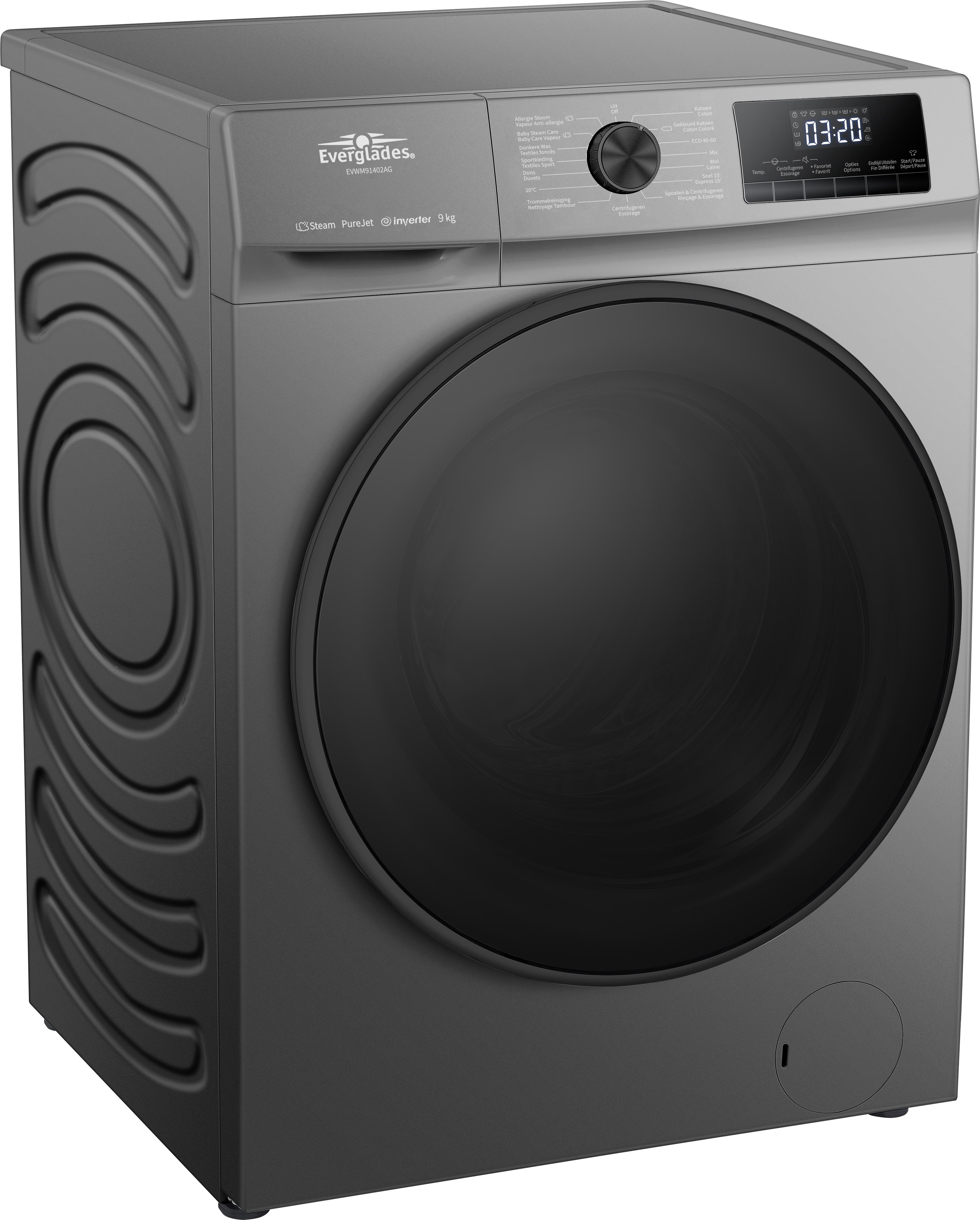 Une machine à laver grise avec une porte noire, panneau de commande dessus.