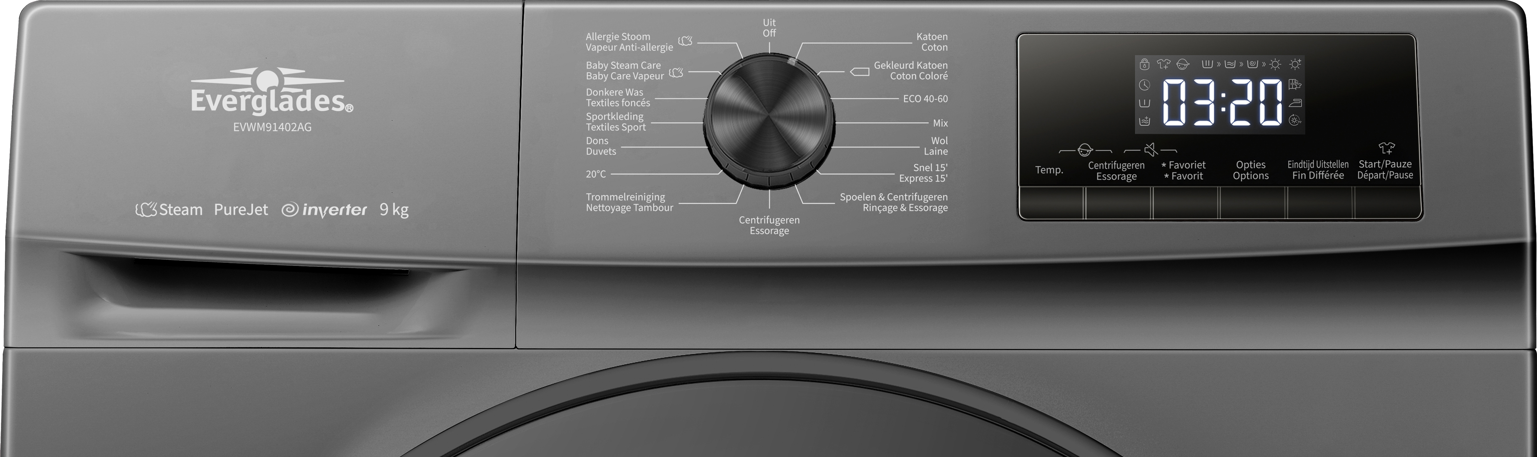 Panneau de commande de lave-linge. Avec molette, affichage numérique et boutons pour cycles.