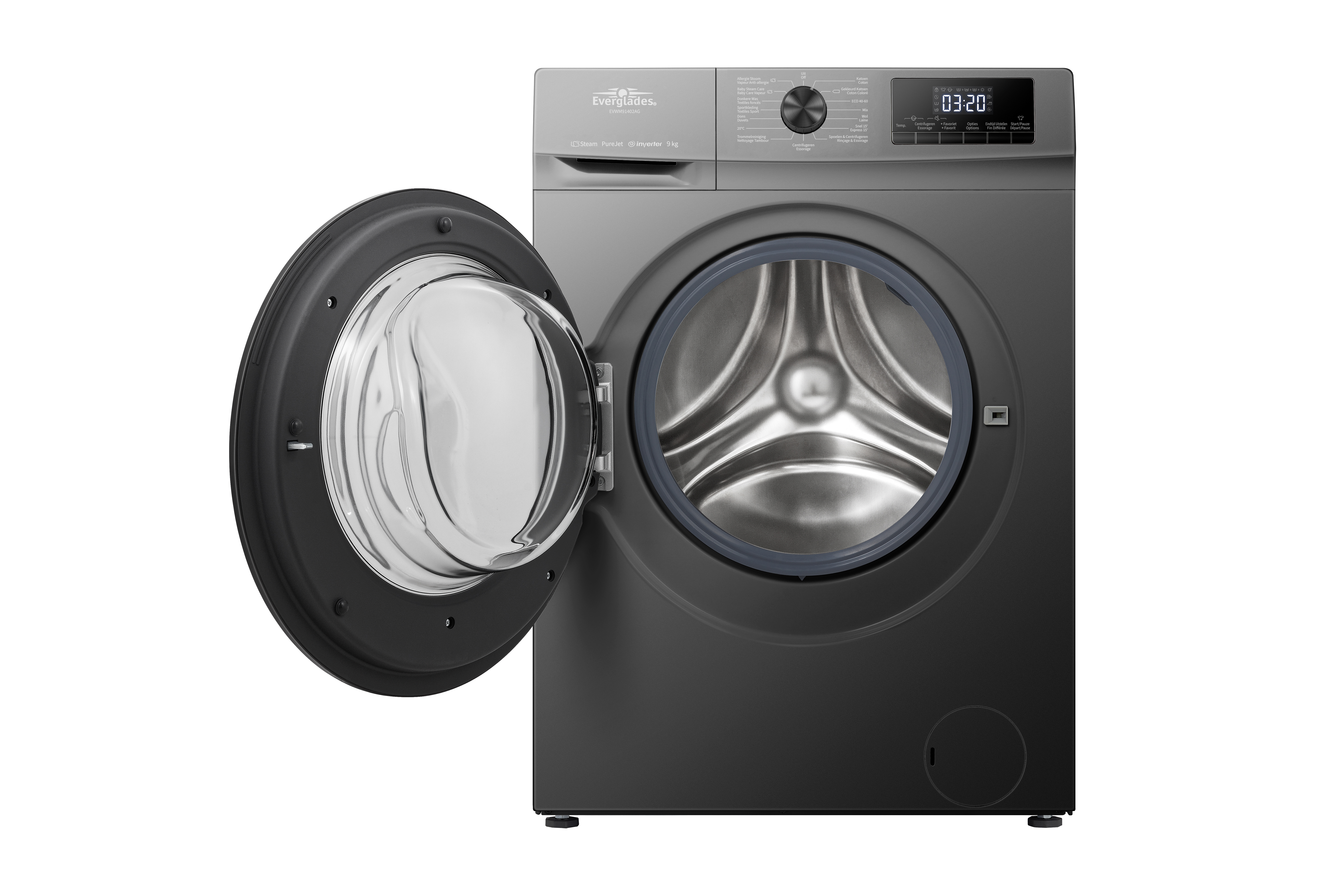 Un lave-linge gris avec une porte ouverte, révélant le tambour. La machine est sur un fond blanc.