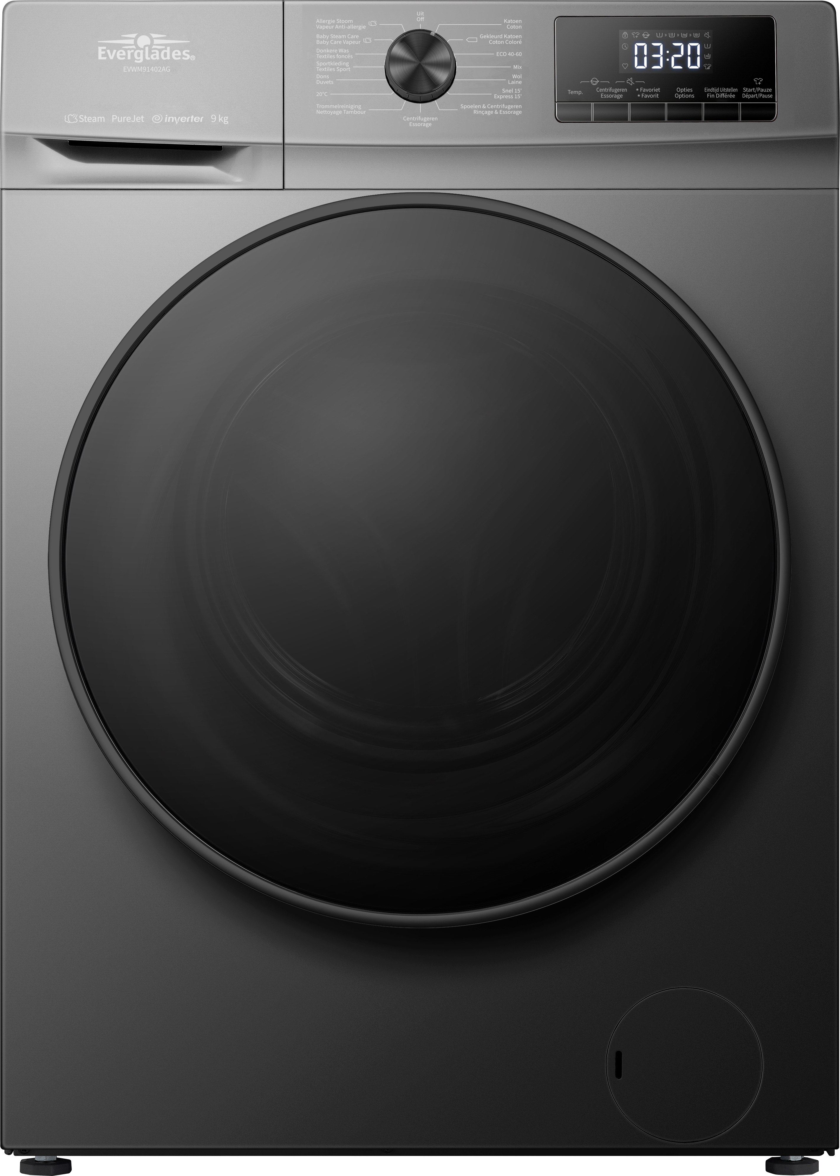 Un lave-linge gris avec une porte noire et un affichage numérique.