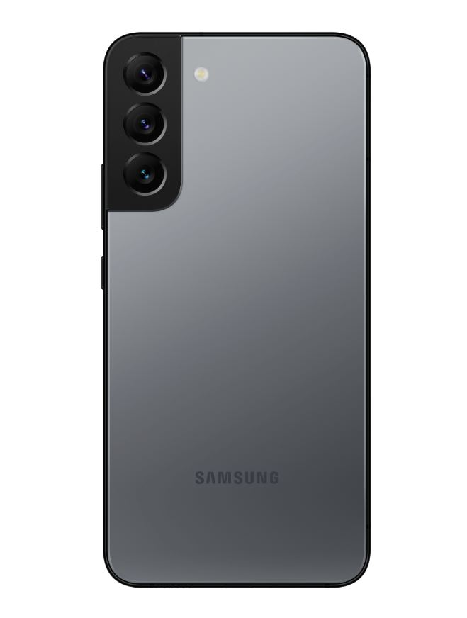 Siyah bir Samsung akıllı telefon, arka görünüm, üç kamera, beyaz zemin üzerinde.