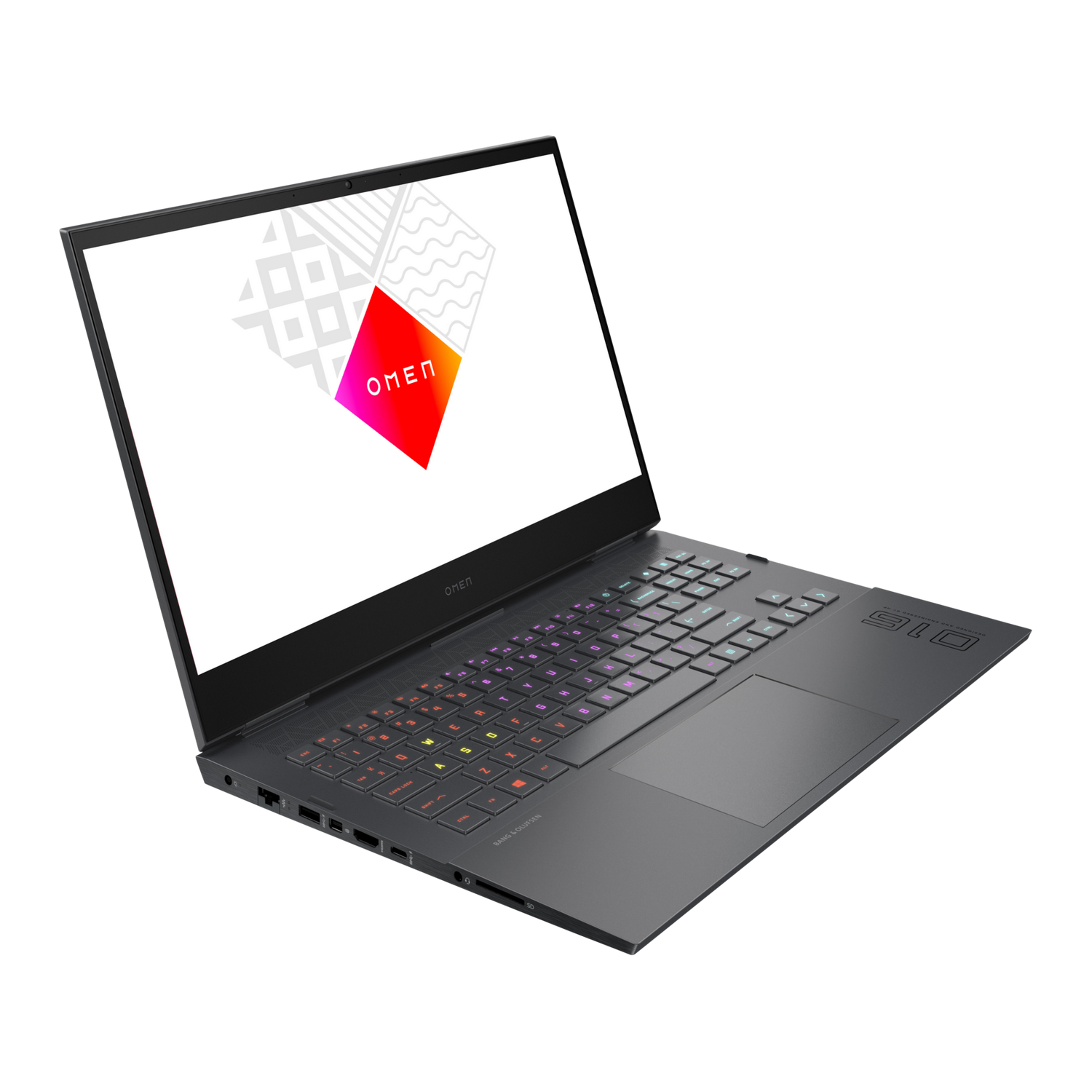 Un portátil negro con el logotipo OMEN en la pantalla, abierto sobre una superficie negra.