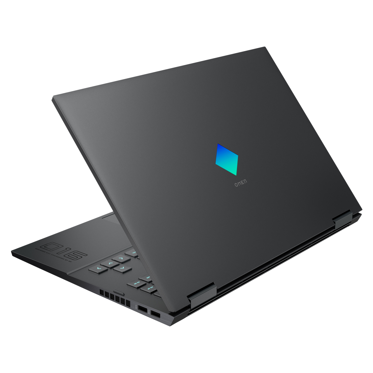 Una laptop OMEN negra, parcialmente abierta, con el logotipo OMEN brillando en azul en la parte superior.