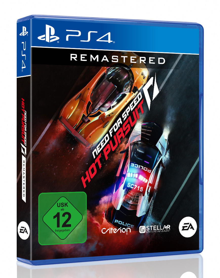 PS4-Spielbox. Need for Speed Hot Pursuit Remastered. Zwei Autos rasen. Blauer Hintergrund.