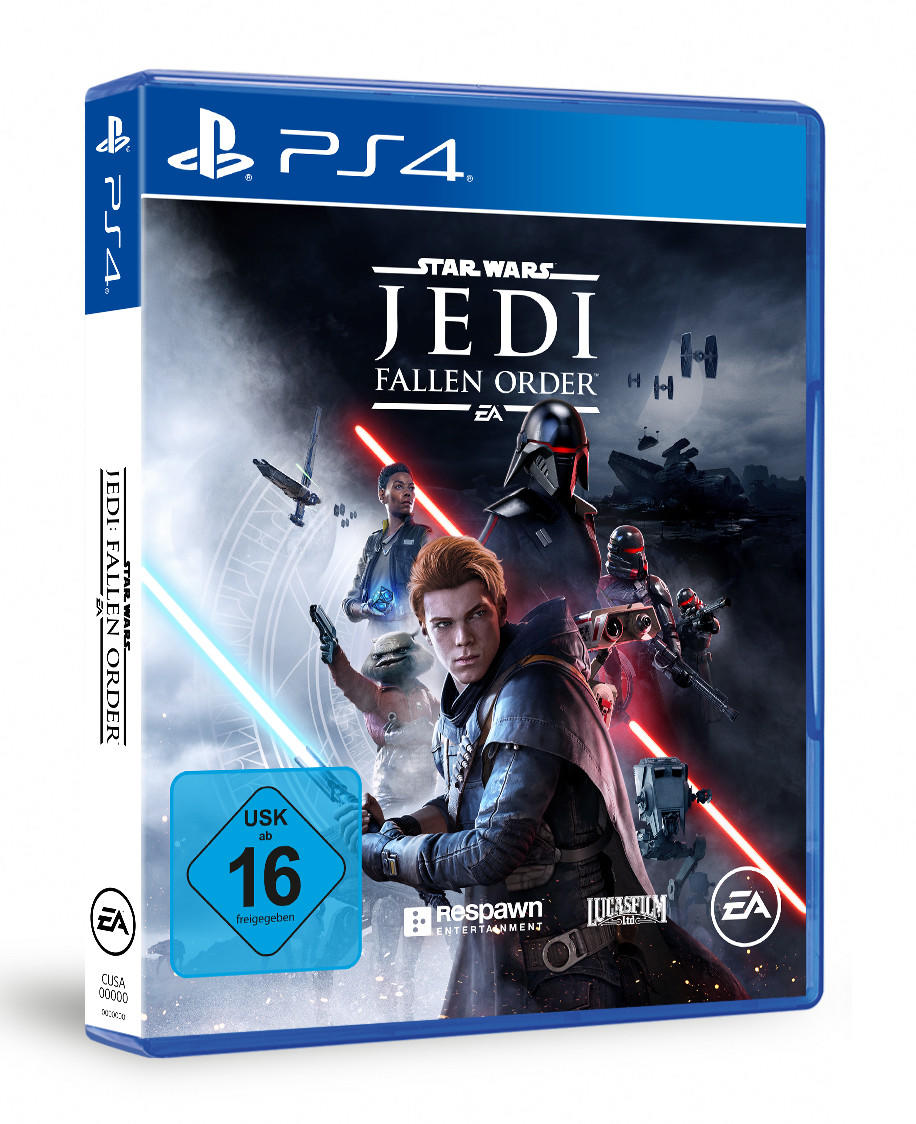 Star Wars: Jedi Fallen Order PS4-Spielbox. Enthält Charaktere und Logos.