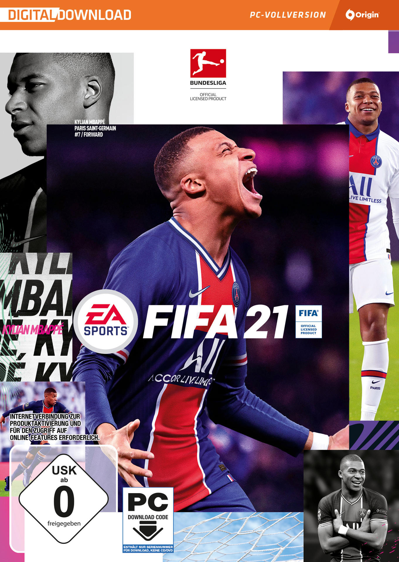 FIFA 21-Spiel-Cover mit Kylian Mbappé. Collage aus Mbappé-Bildern, EA Sports-Logo und Spielinfo.