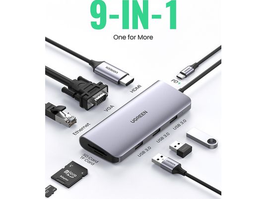 UGREEN 40873 - 9in1 USB-C Hub (Argent)