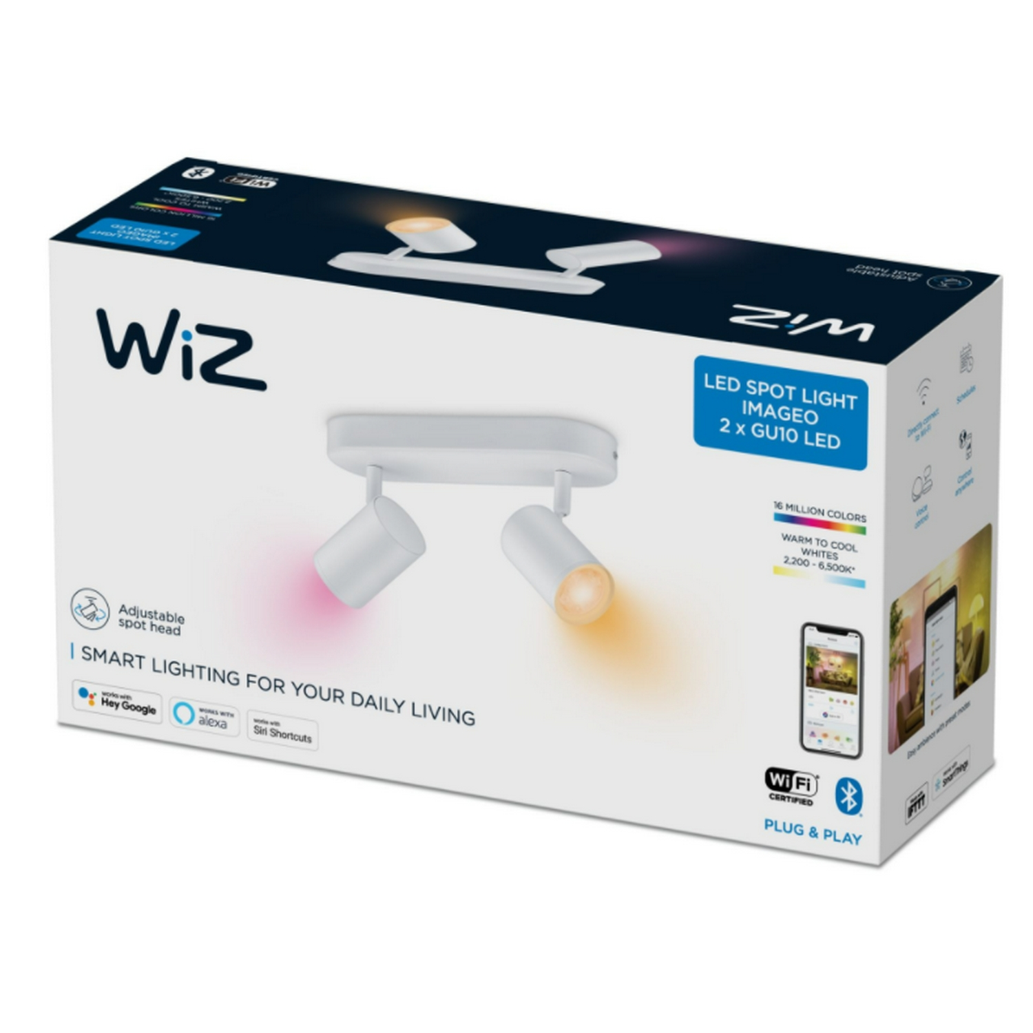 Foco - WiZ Imageo, 2 Focos, De techo, 2x 4.9 W, IP20, Wi-Fi + Bluetooth, Blanco