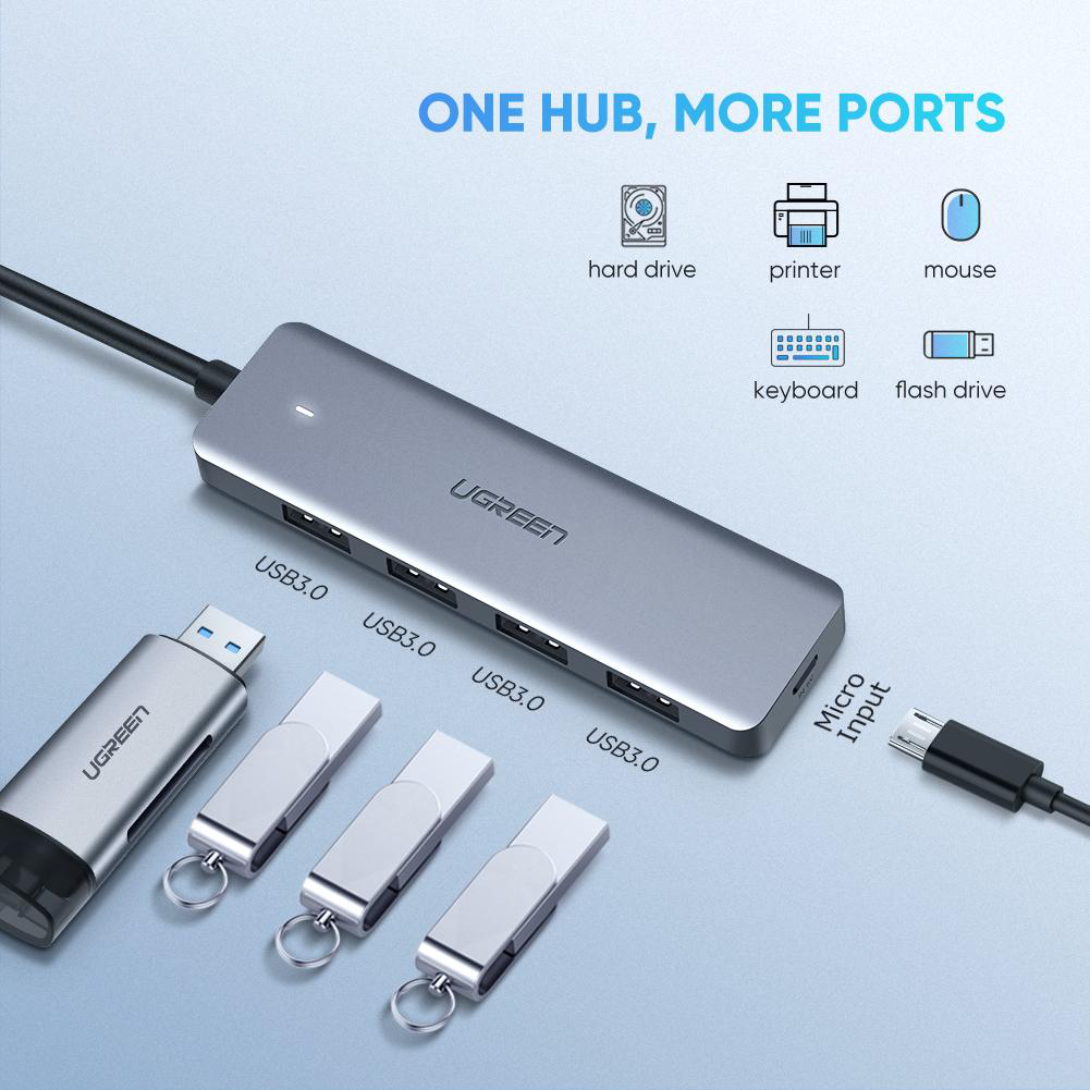 Hub USB UGREEN argenté avec clés USB et câbles USB. Fond blanc.