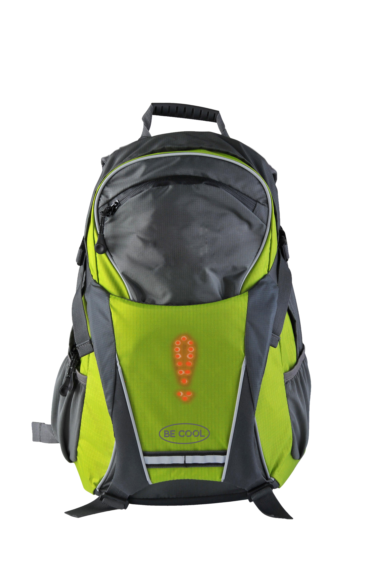Ein grüner und grauer Rucksack mit einem ausrufezeichenförmigen Licht.