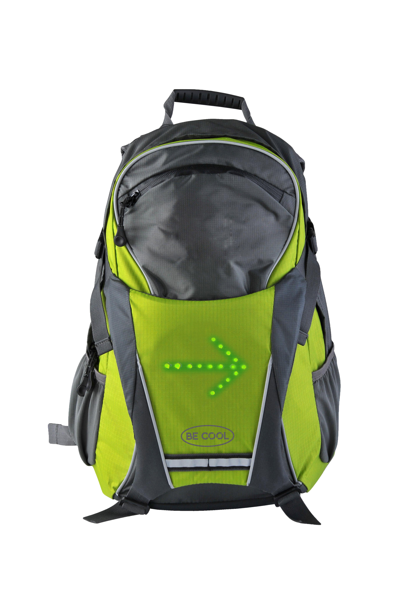 Grüner und grauer Rucksack mit Pfeillicht. Griff und Träger. Schwarzer Hintergrund.