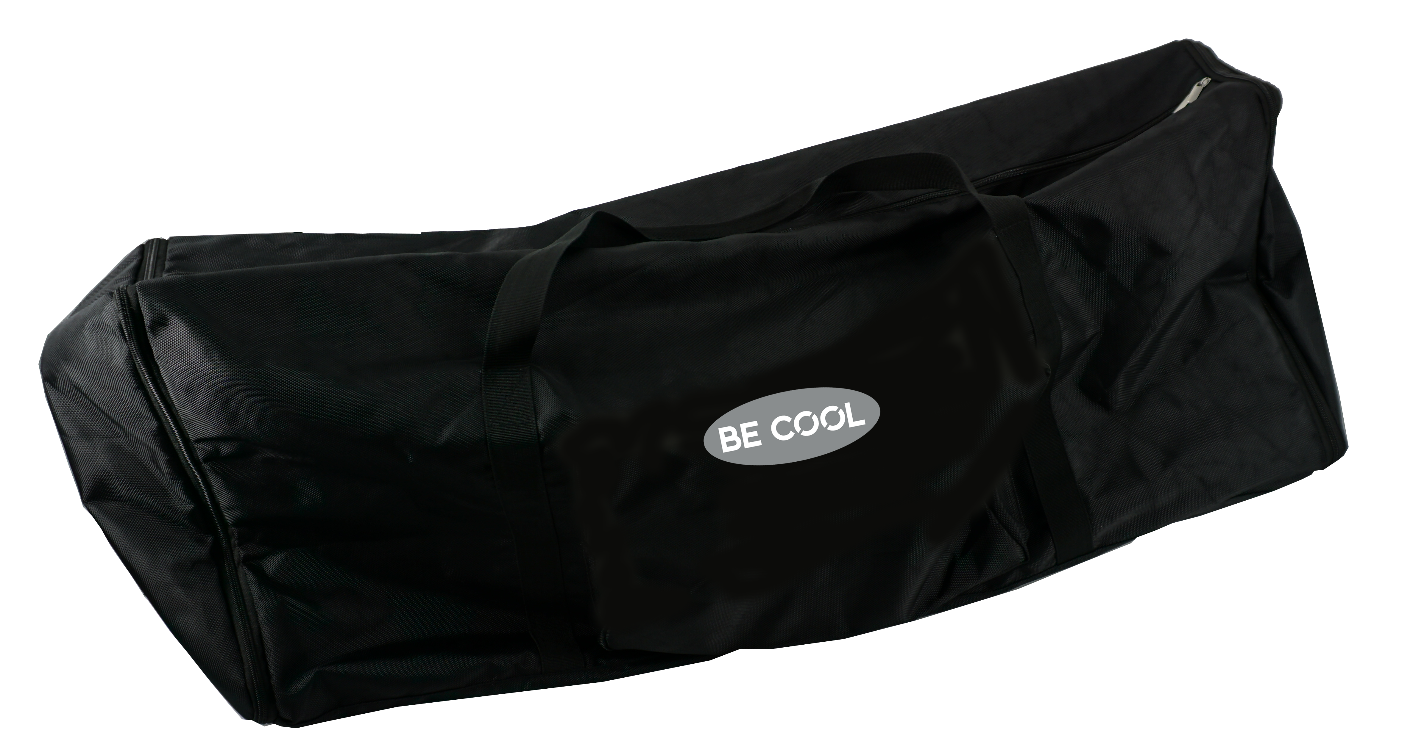 Schwarze, lange Tasche mit Griffen und einem weißen "BE COOL"-Logo auf schwarzem Hintergrund.