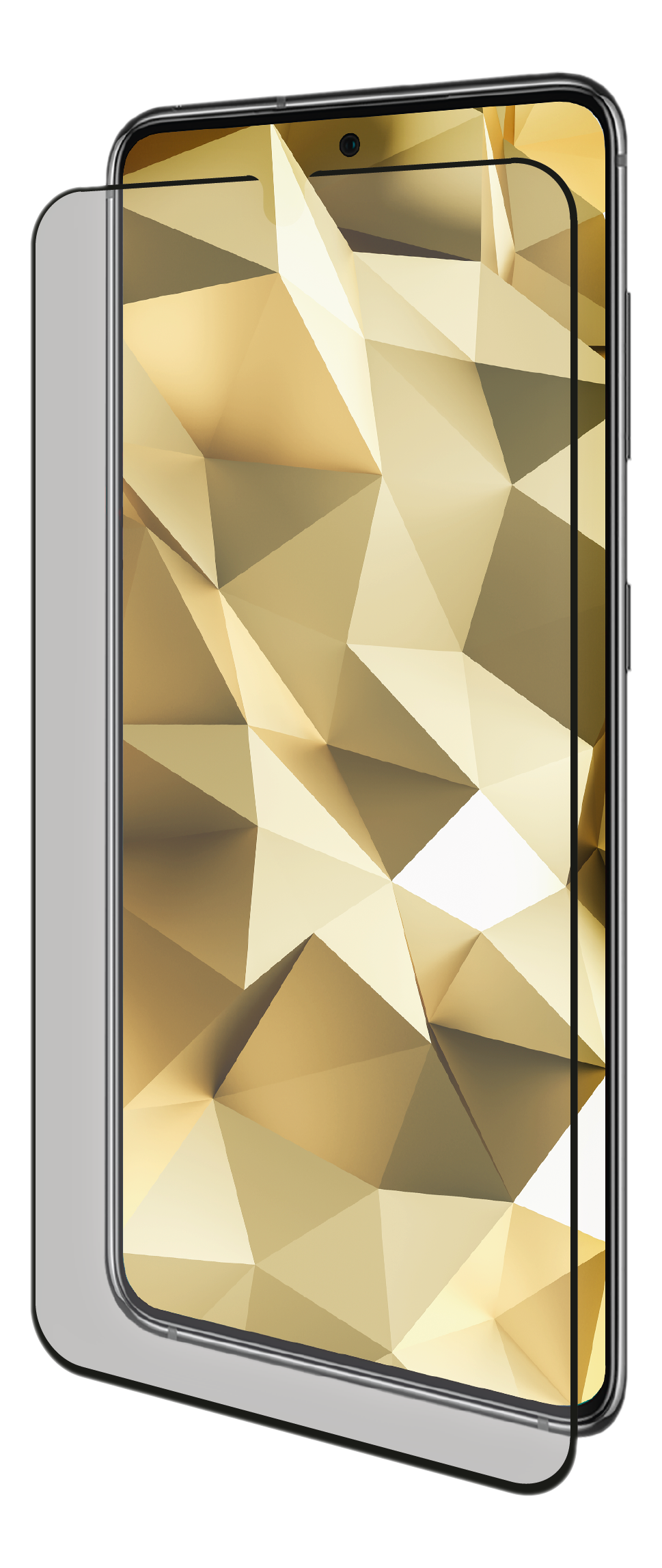 Smartphone avec protection d'écran. Fond géométrique doré. Vue latérale.