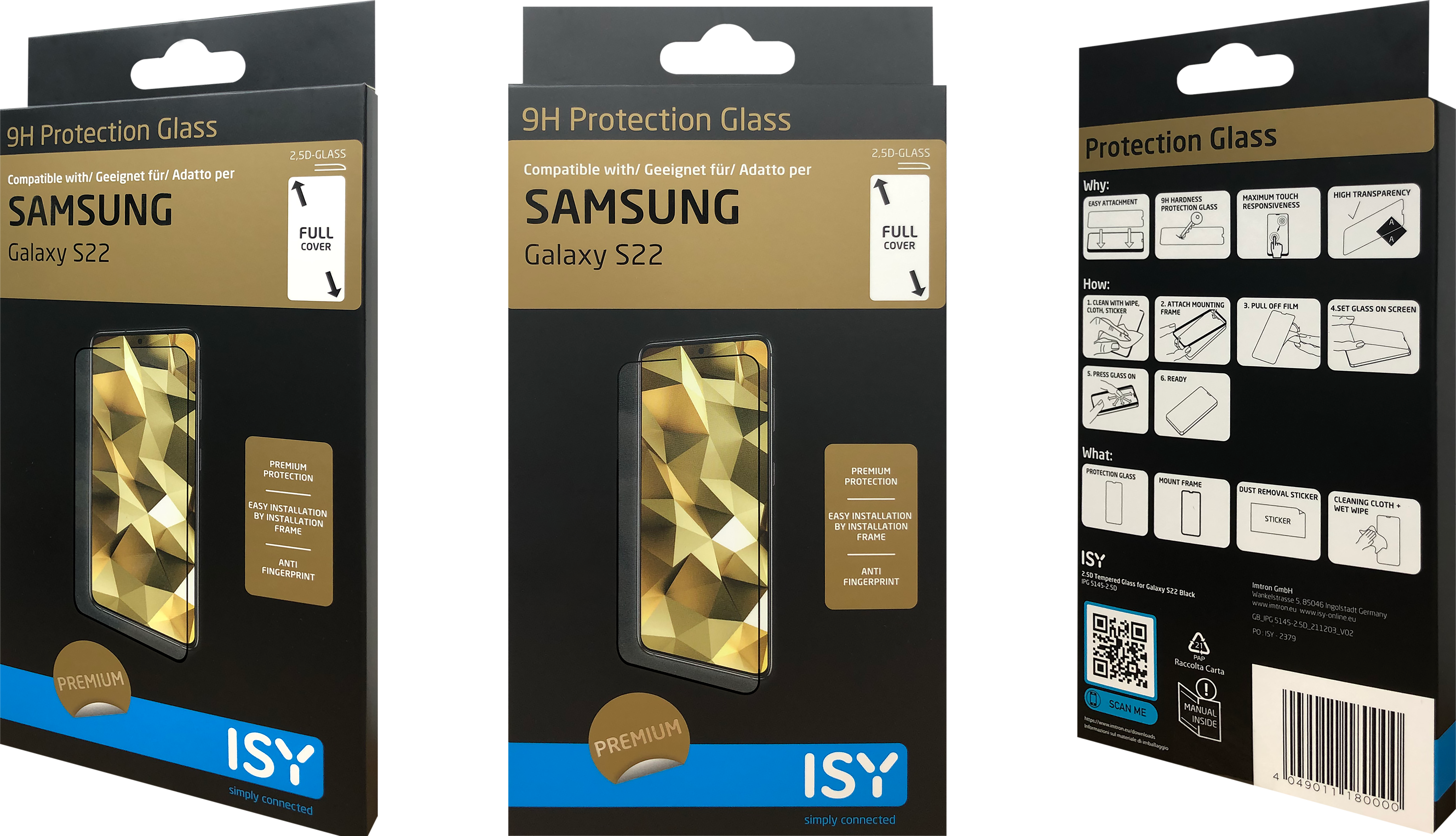 Trois boîtes de protections d'écran Samsung Galaxy S22 avec des motifs géométriques dorés.