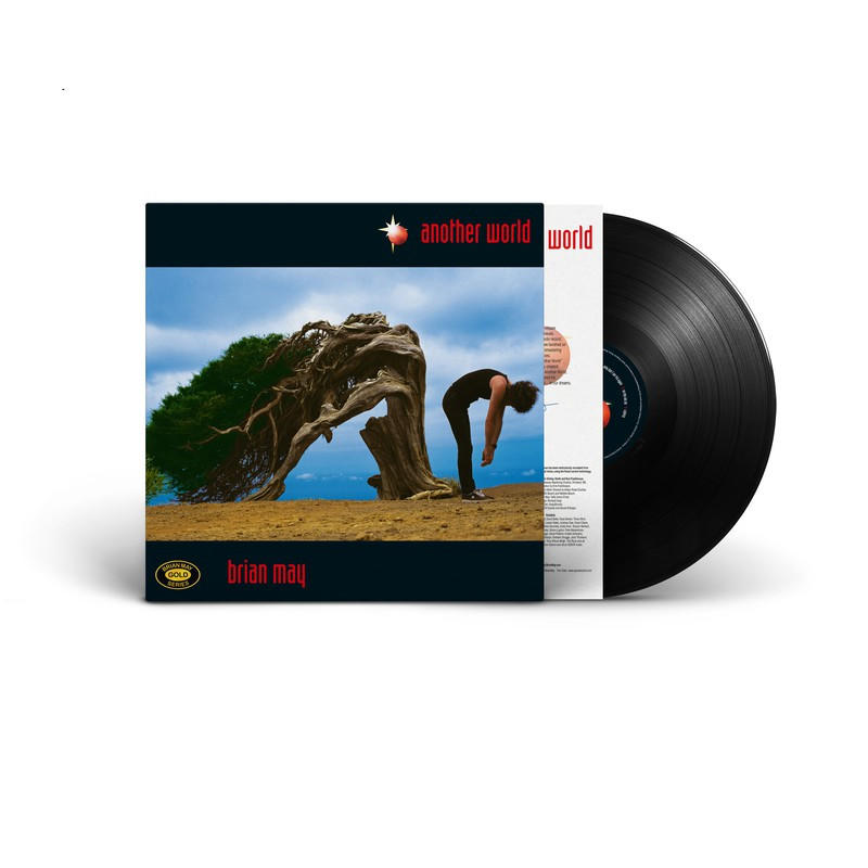 Albumcover: Baum, sich überbeugender Mann. Schwarzes Vinyl rechts. Text: another world, brian may.