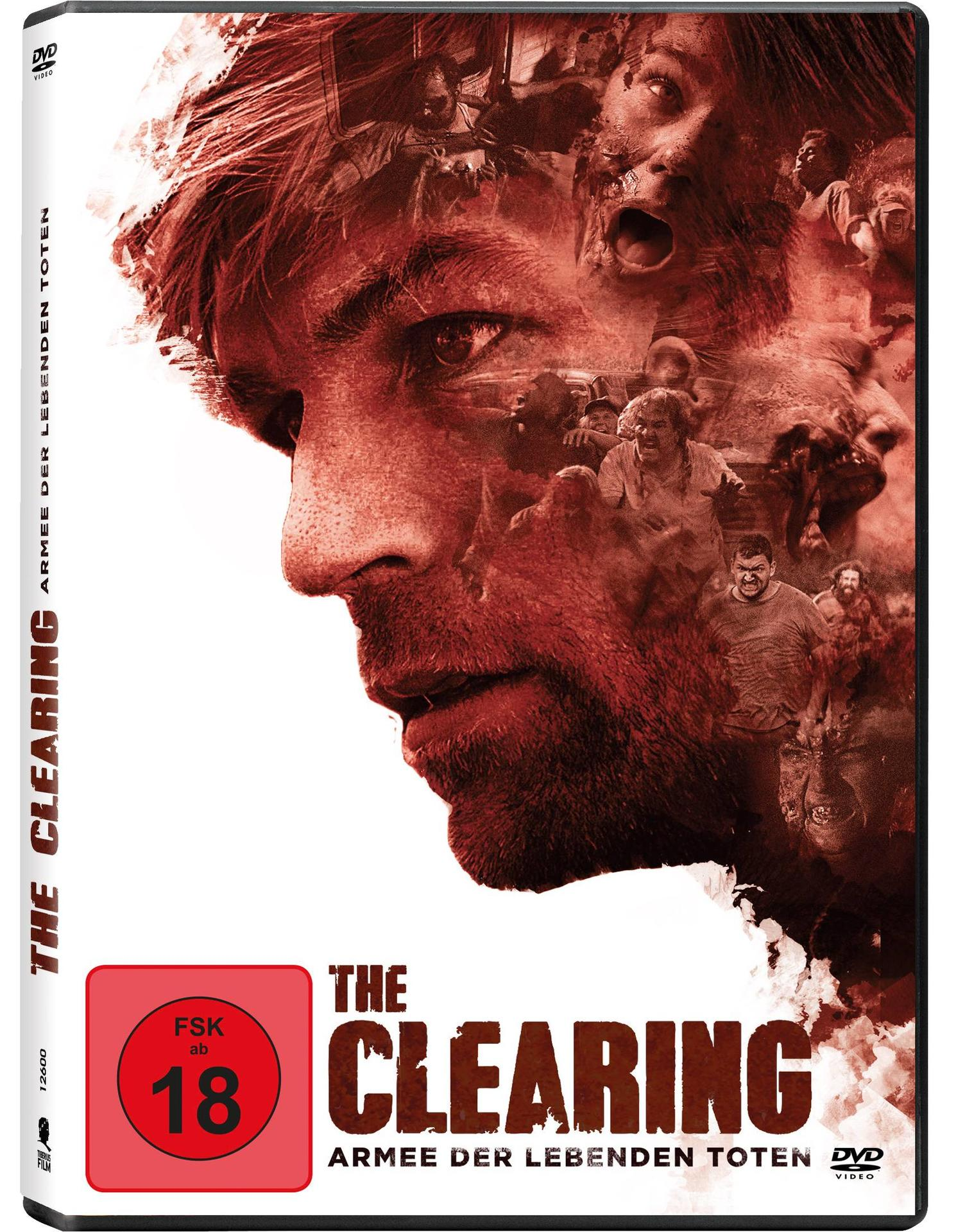 DVD-Cover für 'The Clearing', mit einem Mannsgesicht vor Zombie-Hintergrund.