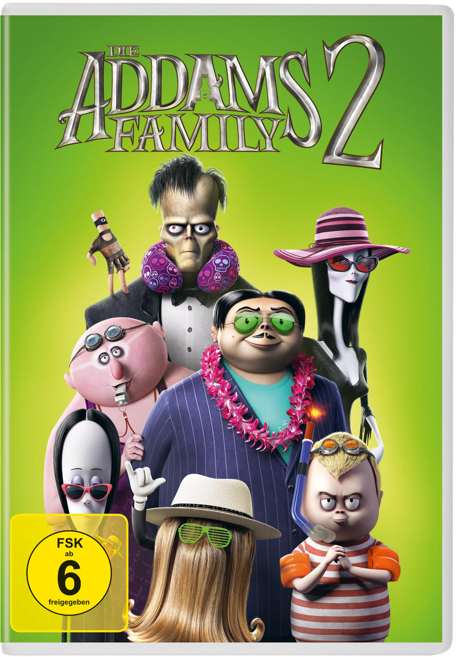 Die Addams Family 2 DVD-Cover. Gruppe von Cartoon-Charakteren vor grünem Hintergrund.