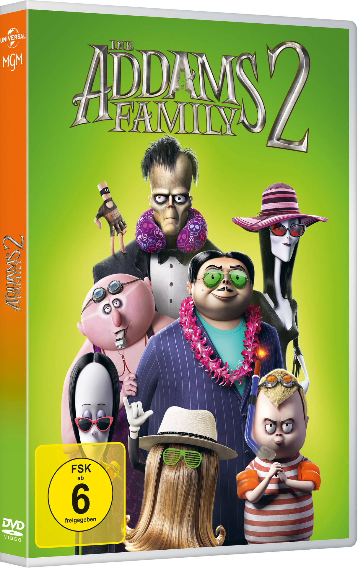 Die Addams Family 2 DVD-Cover. Die Addams Family ist mit einem grünen Hintergrund abgebildet.