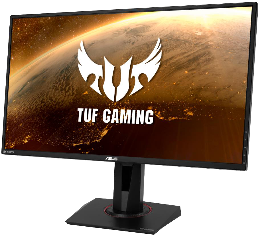 Fekete monitor fehér TUF gaming logóval. Földszerű háttér. Szögletes nézet.