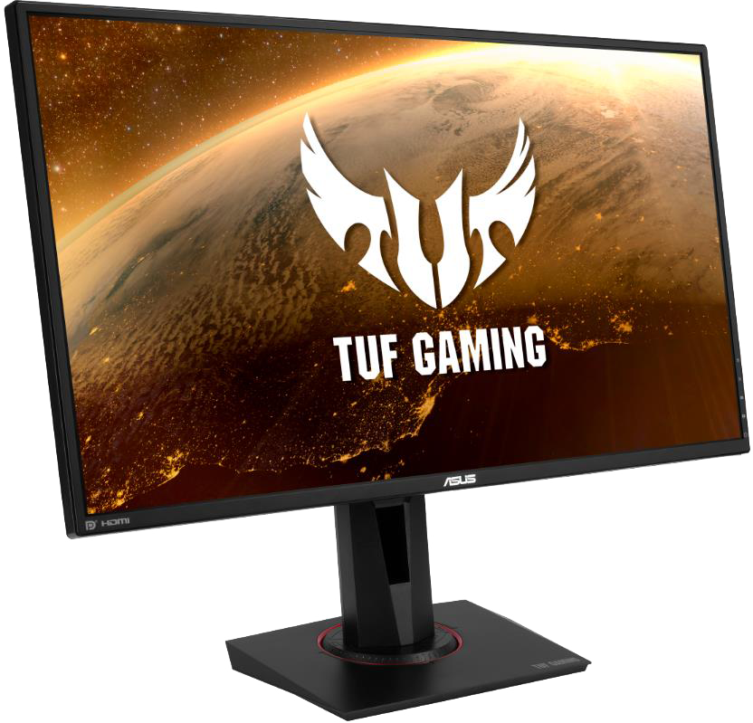 ASUS TUF Gaming monitor, fekete állvány és keret, Föld kép a képernyőn, TUF logó.