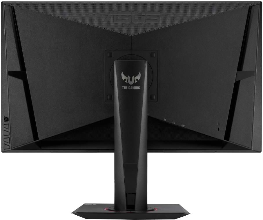 Egy ASUS TUF Gaming monitor hátulja. Fekete, a TUF Gaming logóval és látható portokkal.