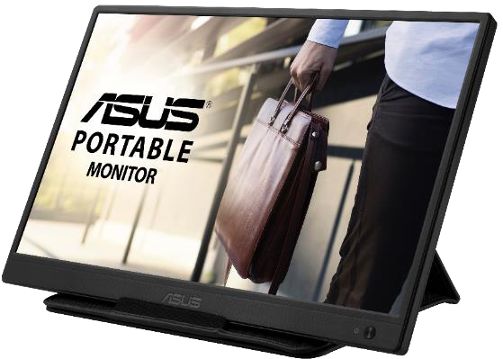 ASUS Portable Monitor fekete állványon. A képernyő egy aktatáskát tartó személyt mutat.