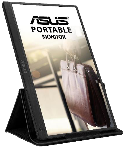 Asus hordozható monitor a tartóján, egy táskát mutatva.